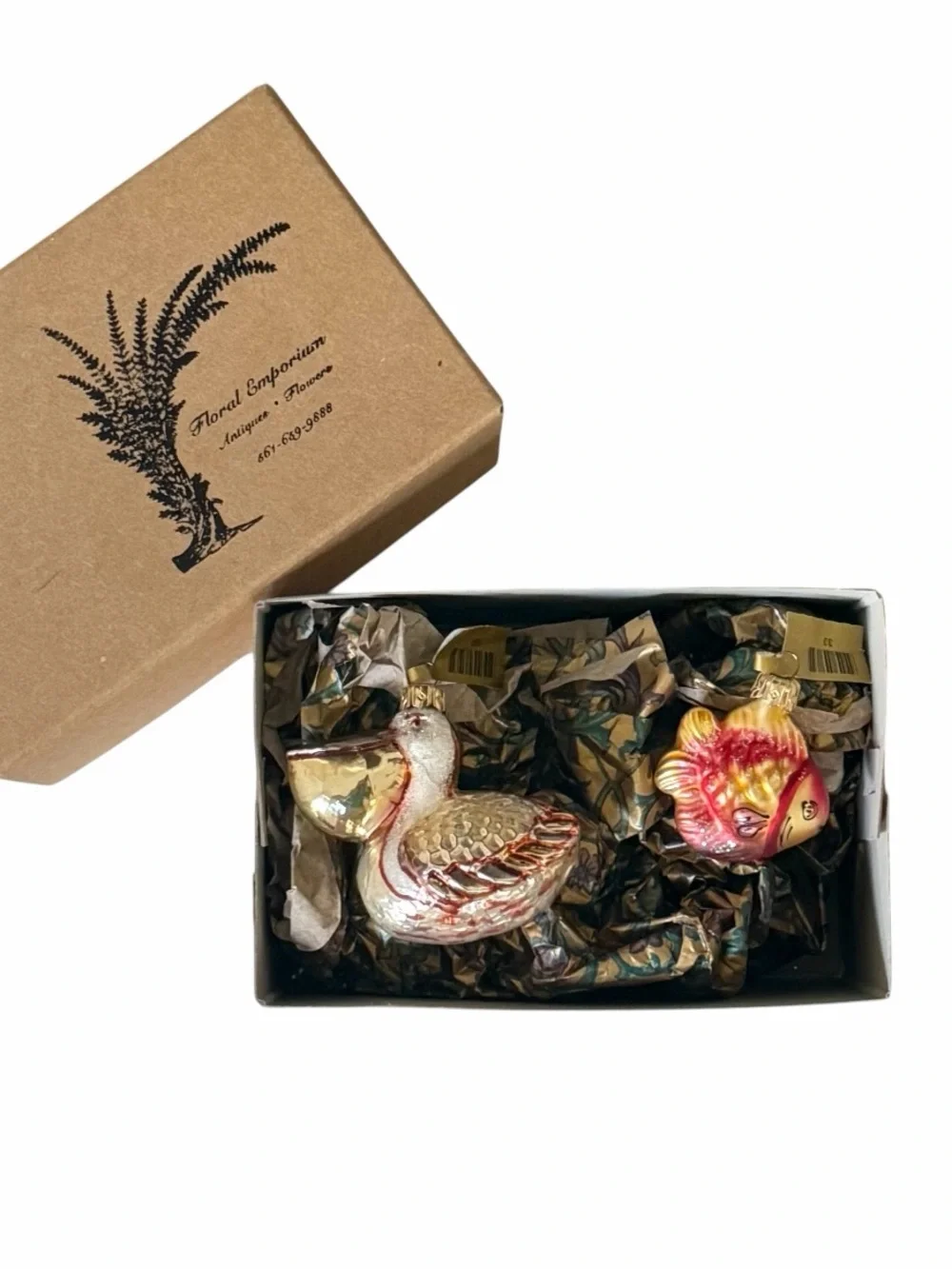 Set of 2 Hand Blown Glass Metallic Pelican and Tropical Fish Christmas Ornaments